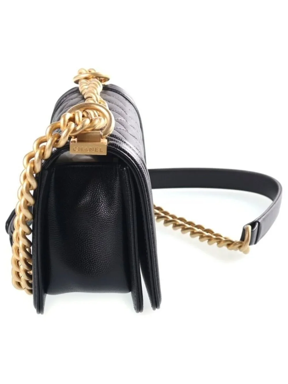 Chanel Boy 20 Quilted Small Caviar Leather Chain Shoulder Bag Gold Black Plate